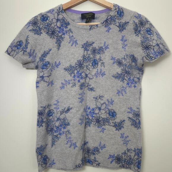 Charter Club 100% Cashmere Luxury Sweater Size S M Short Sleeve Floral Gray Blue - Picture 1 of 4